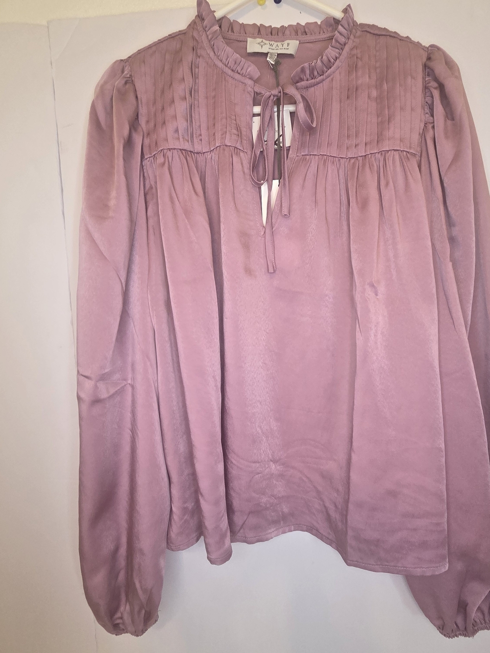 WAYF Pink Satin Long Sleeve Ruffle Neck Blouse Peasant Boho Size XS